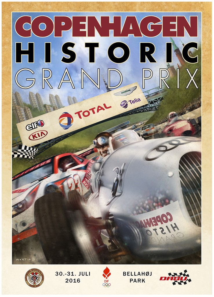Som vanlig har Copenhagen Historic Grand Prix udarbejdet en flot CHGP plakat, som en hyldest til det historiske motorløb den 30.-31. juli på Bellahøj Park
(Grafik: www.gekkographic.dk)